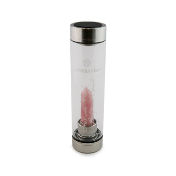 Virgo Laterra Gemstone Water Bottle with rose quartz crystal attachment inside clear glass bottle on white background.